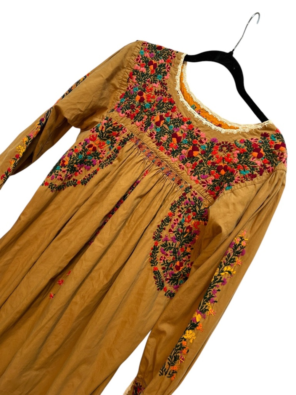 Mexican Oaxaca Vintage mustard heavily embroidered florals tunic maxi dress L - Picture 5 of 6